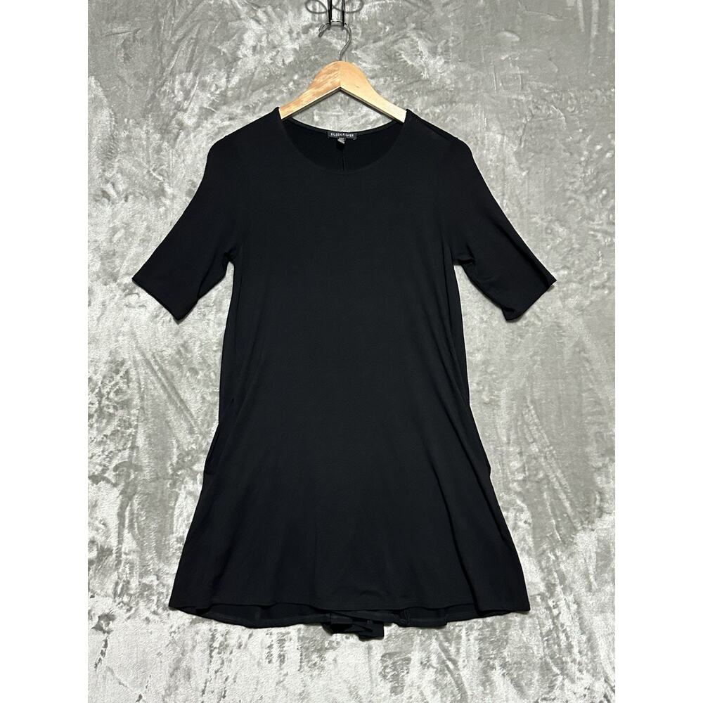 Eileen Fisher Viscose Jersey Tunic Dress Womens Sz XS Black Stretch Pockets USA